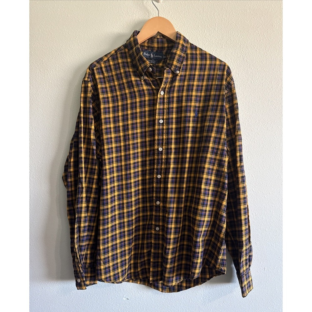 Ralph Lauren‎ Shirt Mens XL Navy Yellow Plaid Button Down Long Sleeve Custom Fit